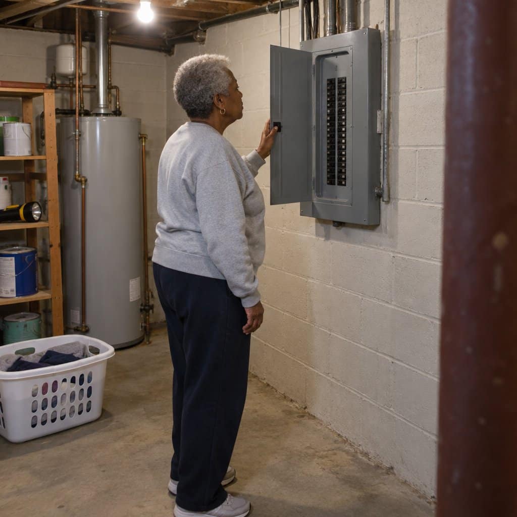 Older woman standing in a basement looking at an open electrical breaker panel on the wall