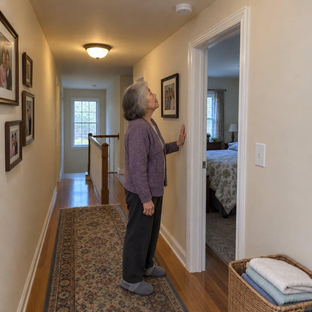 Older woman in a hallway looking up at a smoke alarm on the ceiling