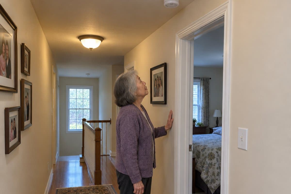 Older woman in a hallway looking up at a smoke alarm on the ceiling