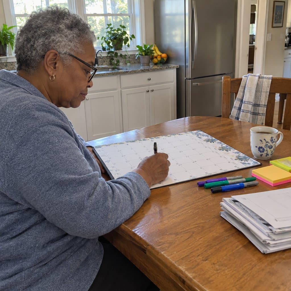 Older woman at a kitchen table marking a large paper calendar with colored markers and sticky notes