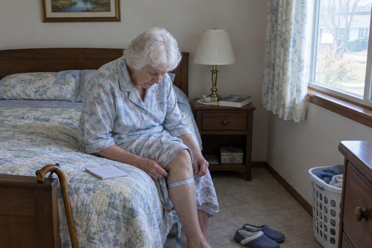 Older woman seated on the edge of a bed wrapping a tape measure around her calf, a cane hanging on the bed rail.
