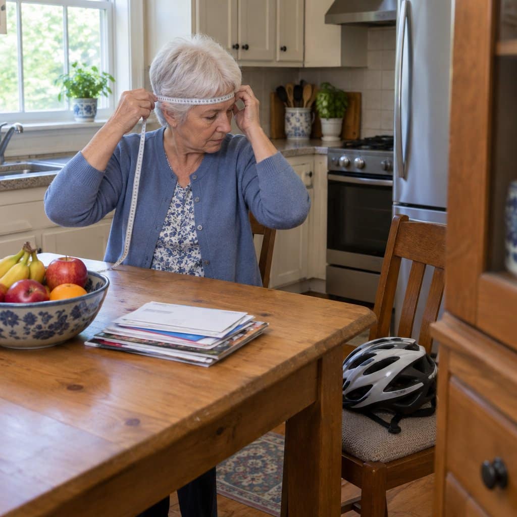 Older woman at a kitchen table wrapping a tape measure around her head