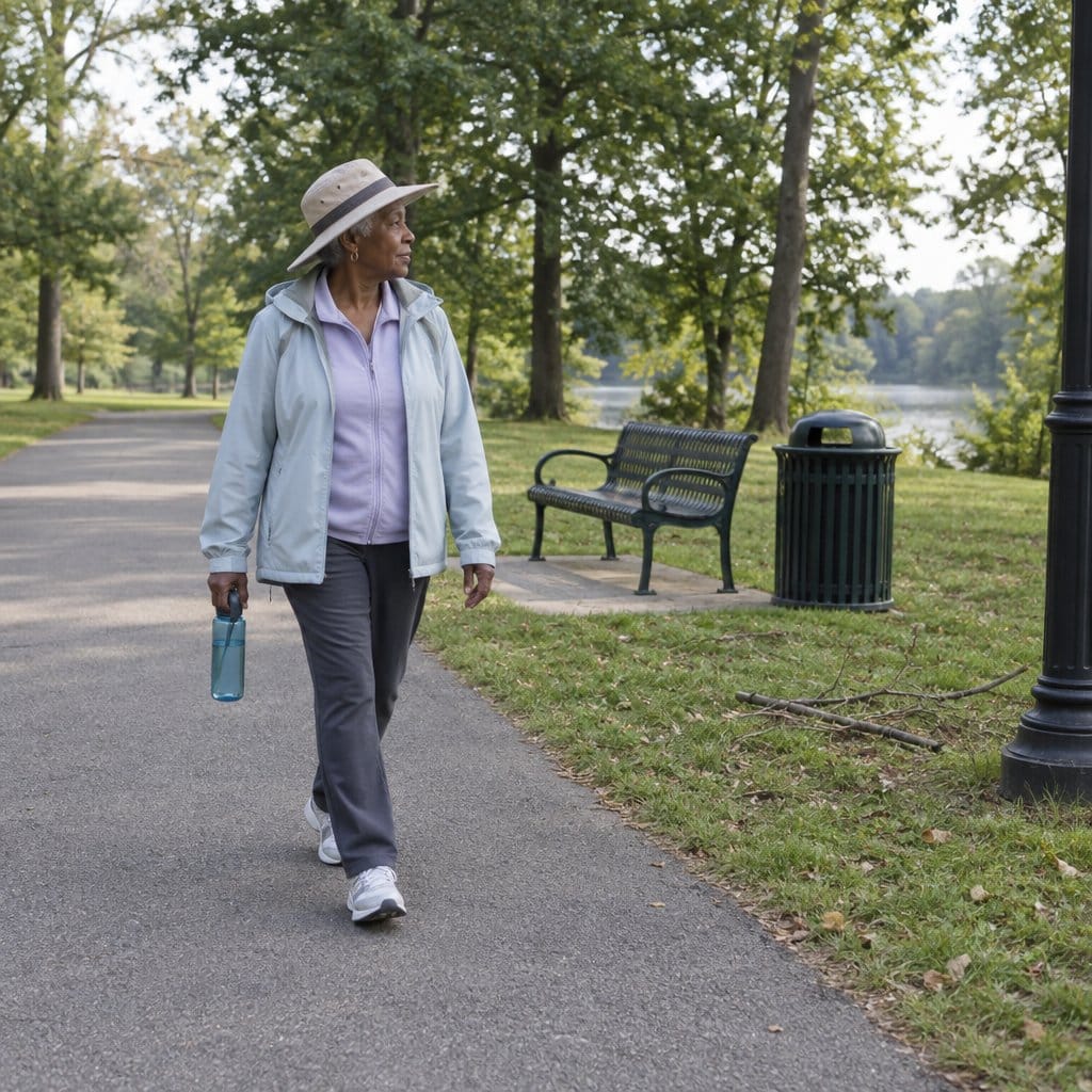 Older woman in a sun hat walking along a park path in the morning with a water bottle