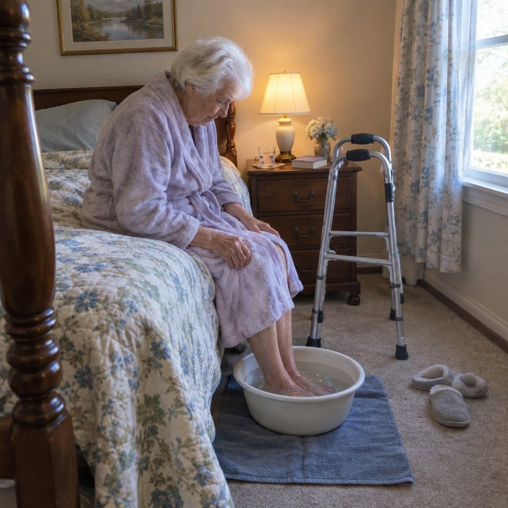Older woman sitting on a bed edge lowering her feet into a foot spa basin with a walker nearby
