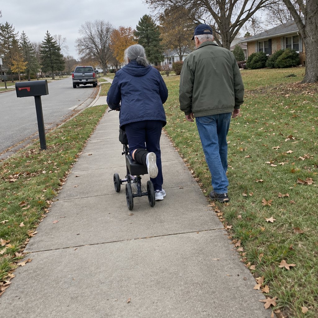 Woman riding a knee scooter on a neighborhood sidewalk with a man walking beside her