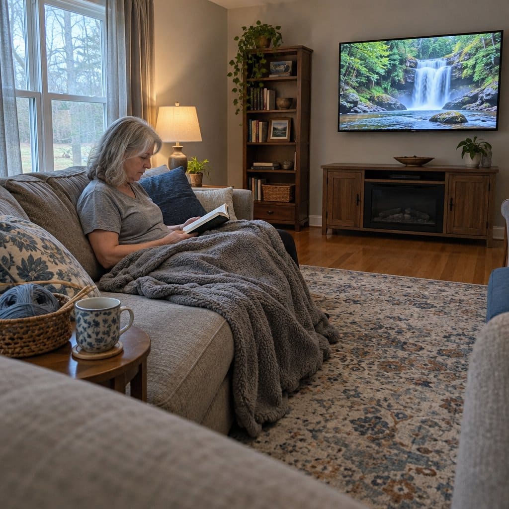 Woman reading on a sofa with a heavy grey blanket across her lap