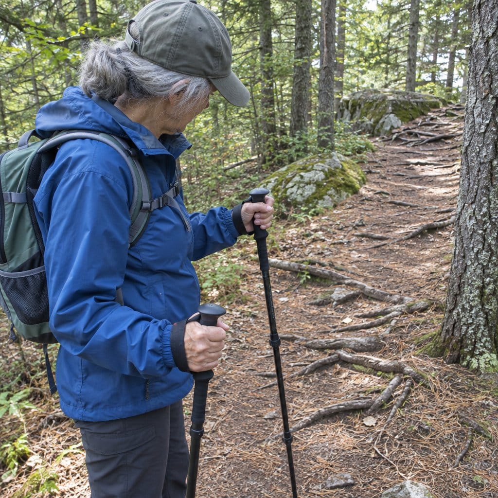 Older woman on a wooded trail holding trekking poles with hands through wrist straps