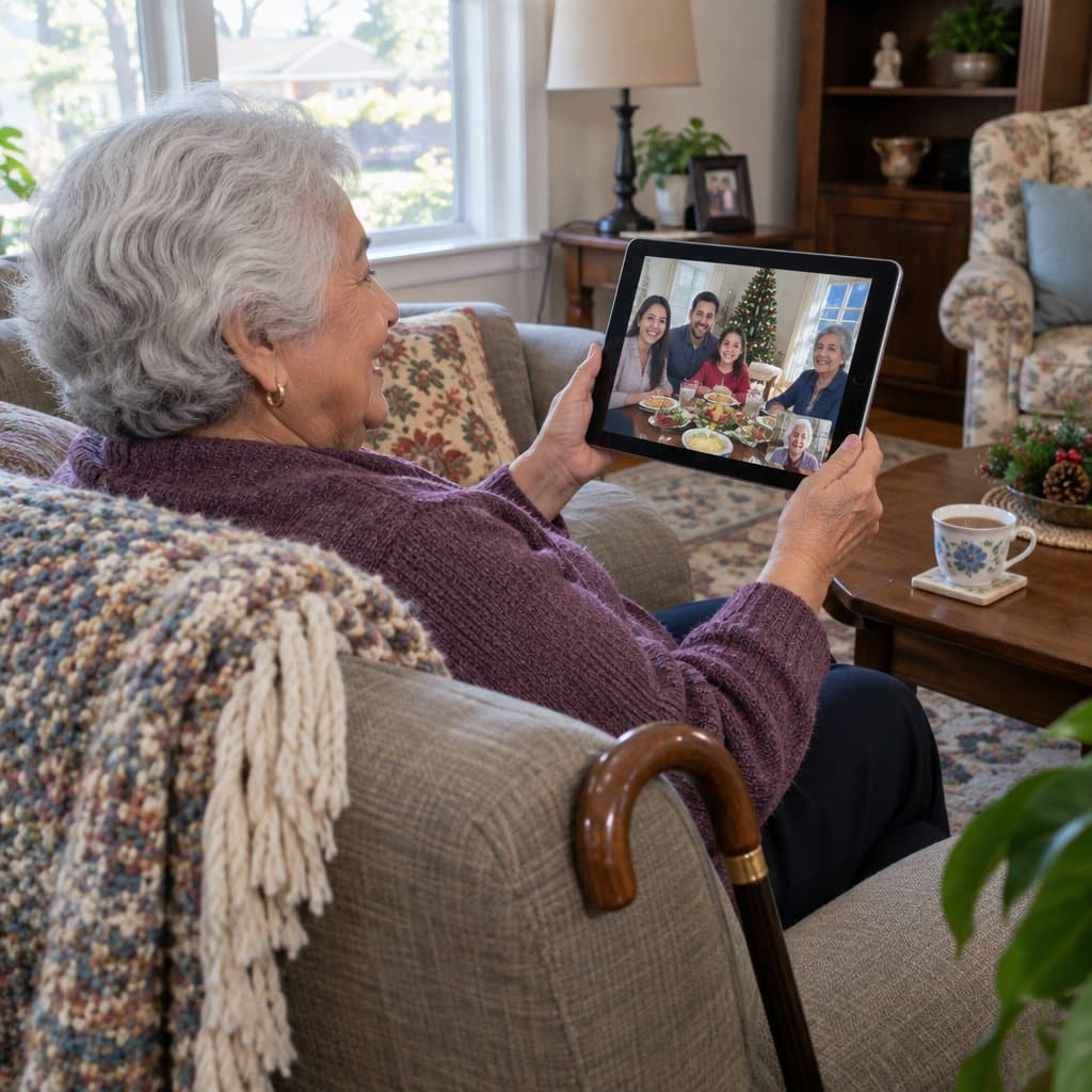 Older woman with a cane on a sofa smiling at a family video call on a tablet