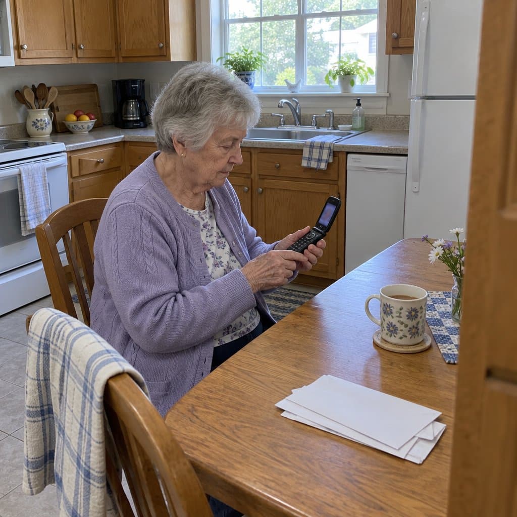 Older woman at a kitchen table opening a flip phone
