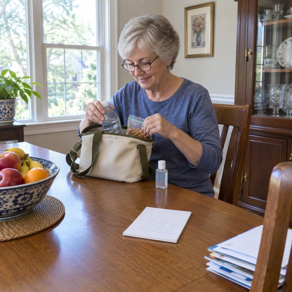 Older woman at a dining table packing a small bag with a water bottle, sanitizer and snacks