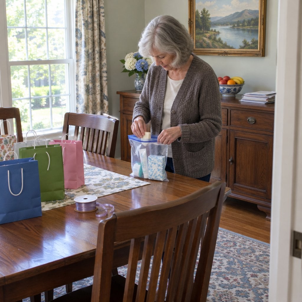 Older woman at a dining table packing soap, tissues and lotion into a zippered plastic bag