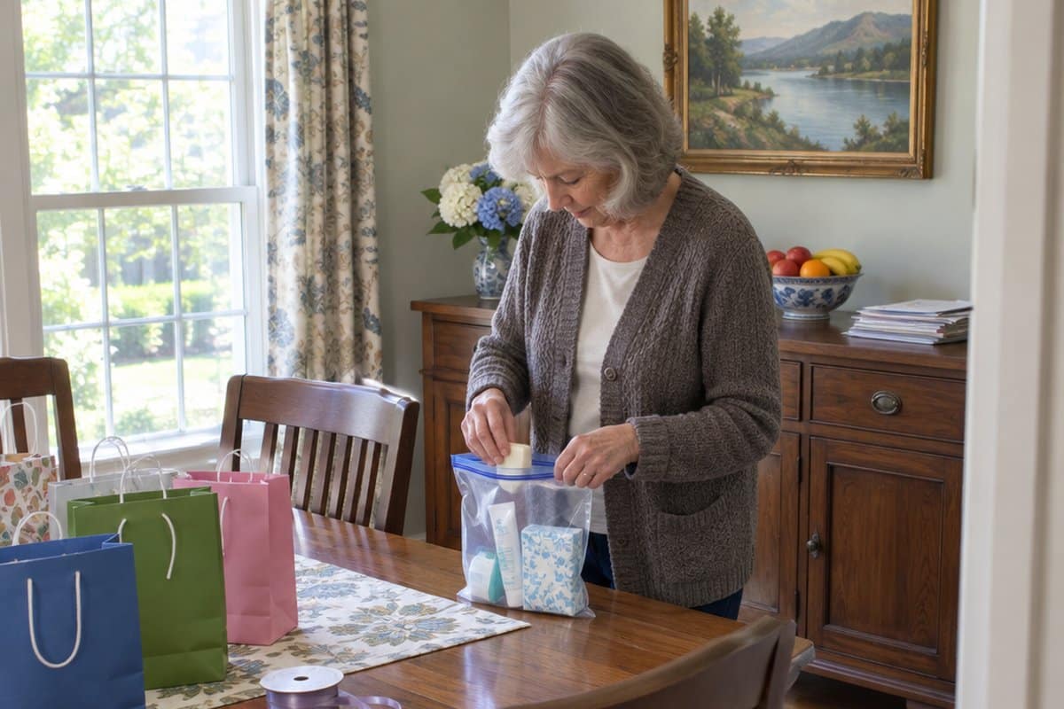 Older woman at a dining table packing soap, tissues and lotion into a zippered plastic bag