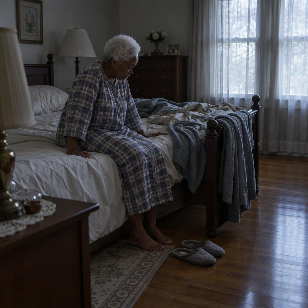 Older woman in a nightgown sitting on the edge of her bed in morning light, pausing before standing
