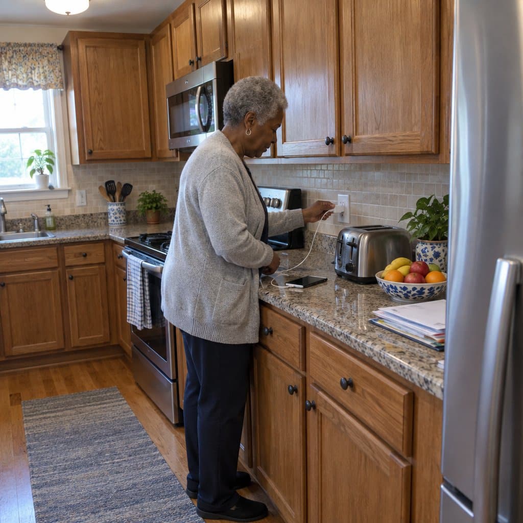 Older woman plugging a charging cable into a kitchen wall outlet
