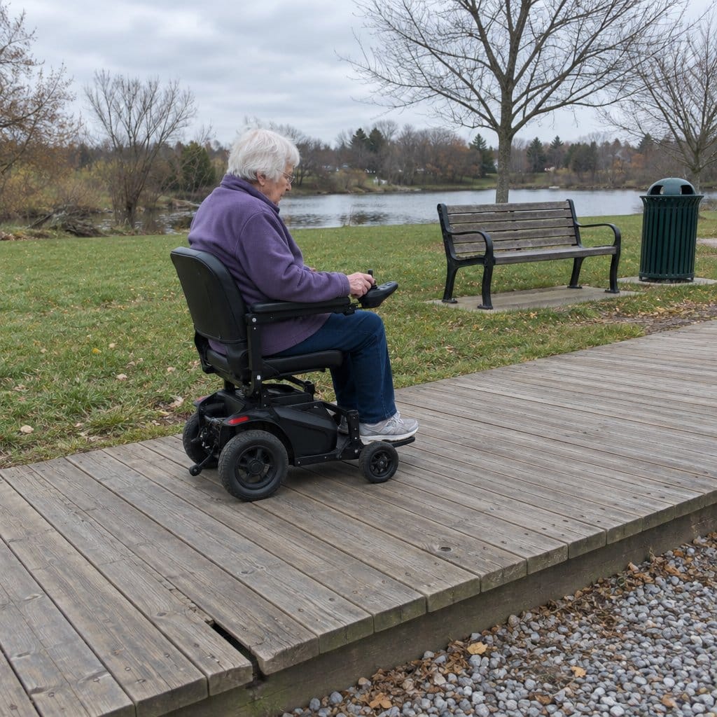 Older woman driving a power wheelchair along a wooden park boardwalk with gravel beside it