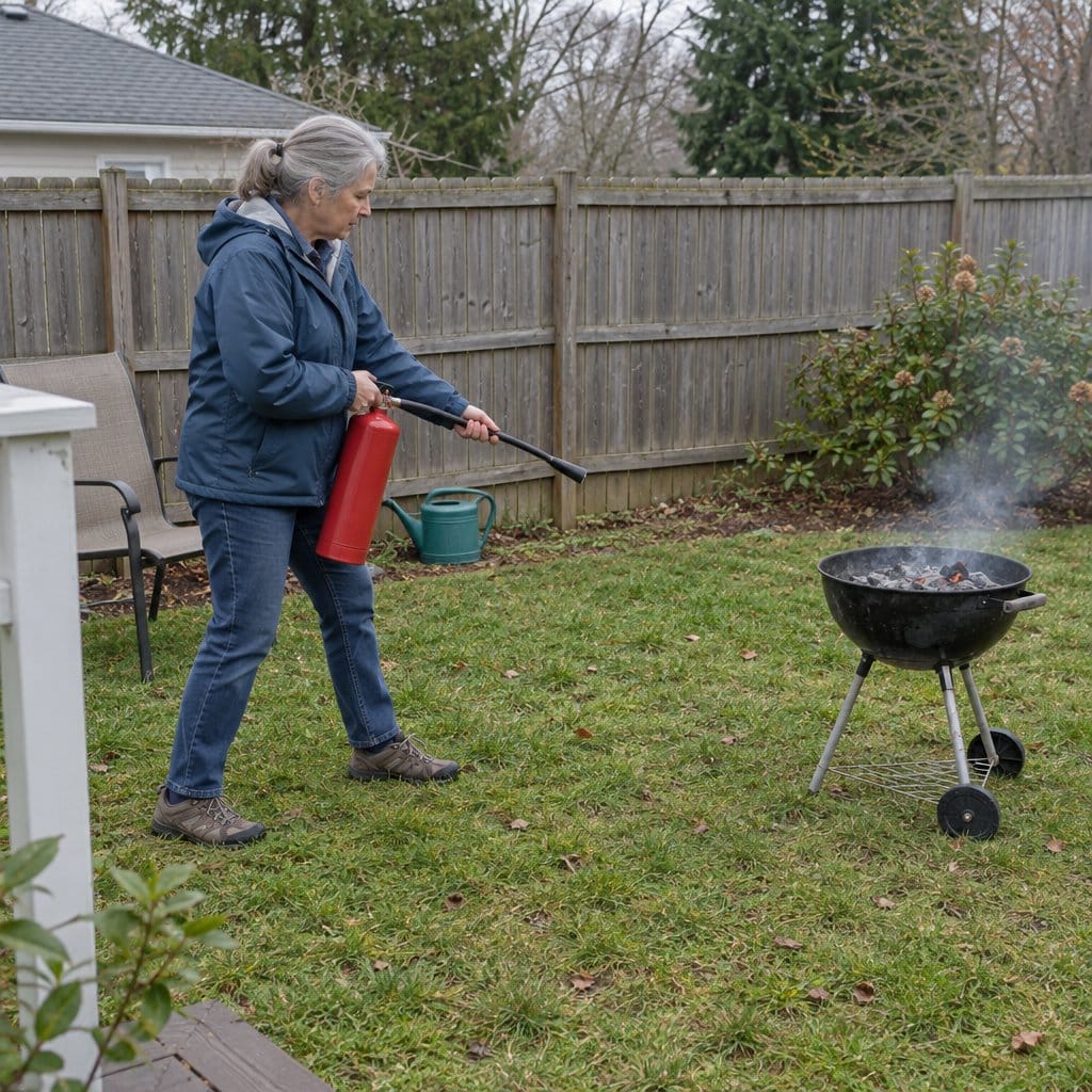 Older woman in a backyard holding a red fire extinguisher upright and aiming it low toward a small charcoal grill