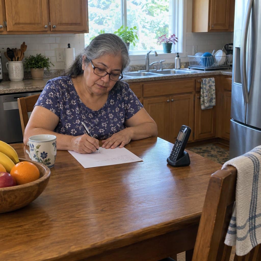 Older woman writing on a sheet of paper at a kitchen table
