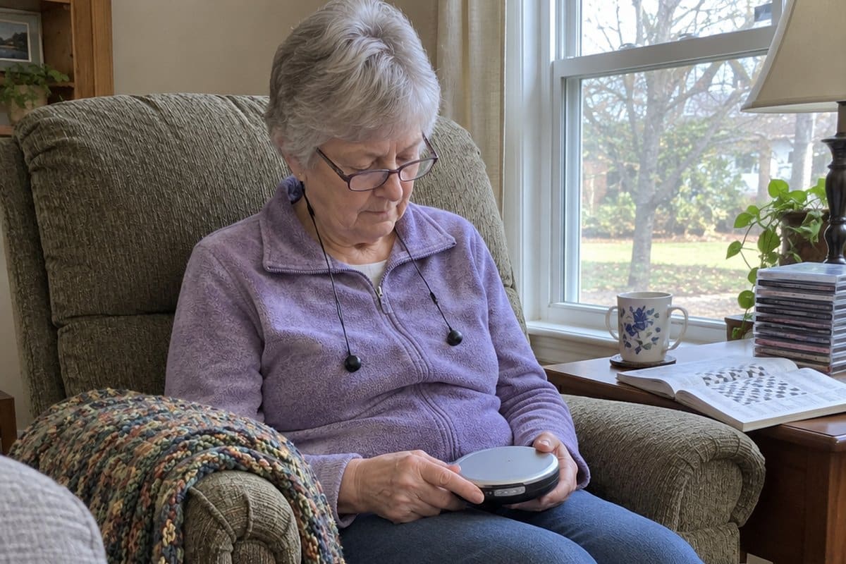 Older woman with grey hair sitting in an armchair looking down at a portable CD player in her lap with earbuds around her neck