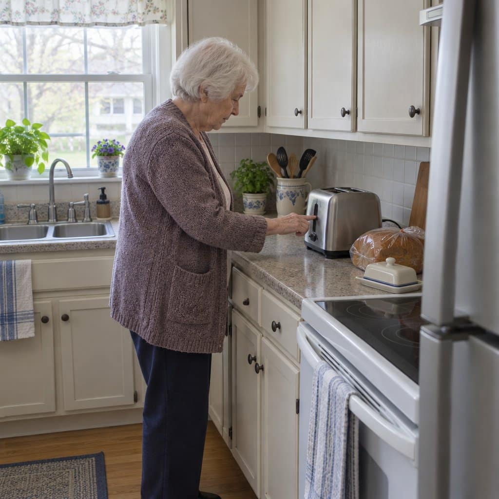 Older woman in a cardigan pressing the lever of a pop-up toaster in a home kitchen