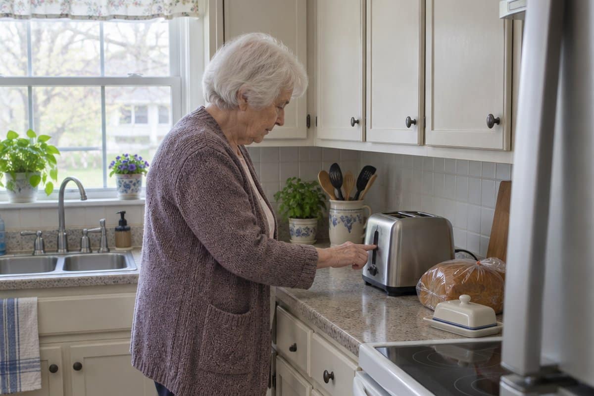 Older woman in a cardigan pressing the lever of a pop-up toaster in a home kitchen