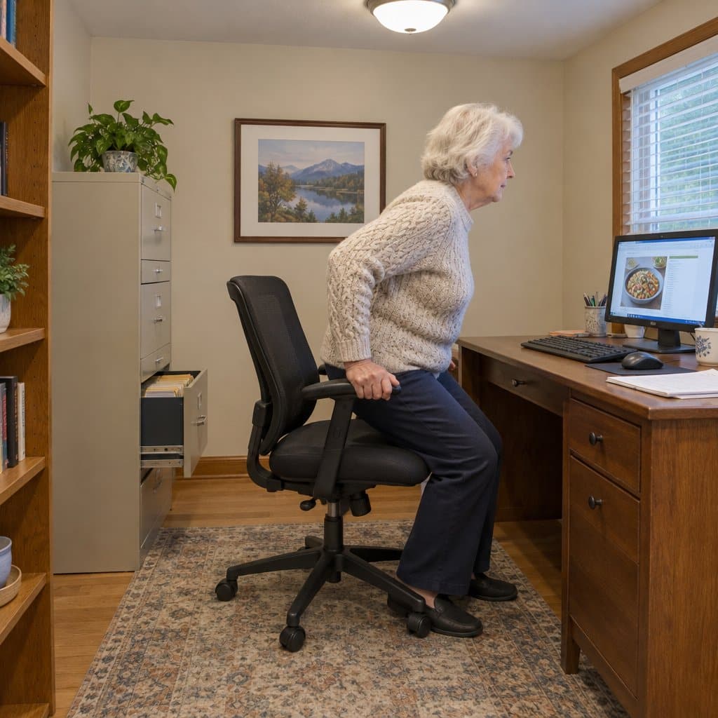 Older woman pressing on the armrests of a rolling office chair to stand up at her desk