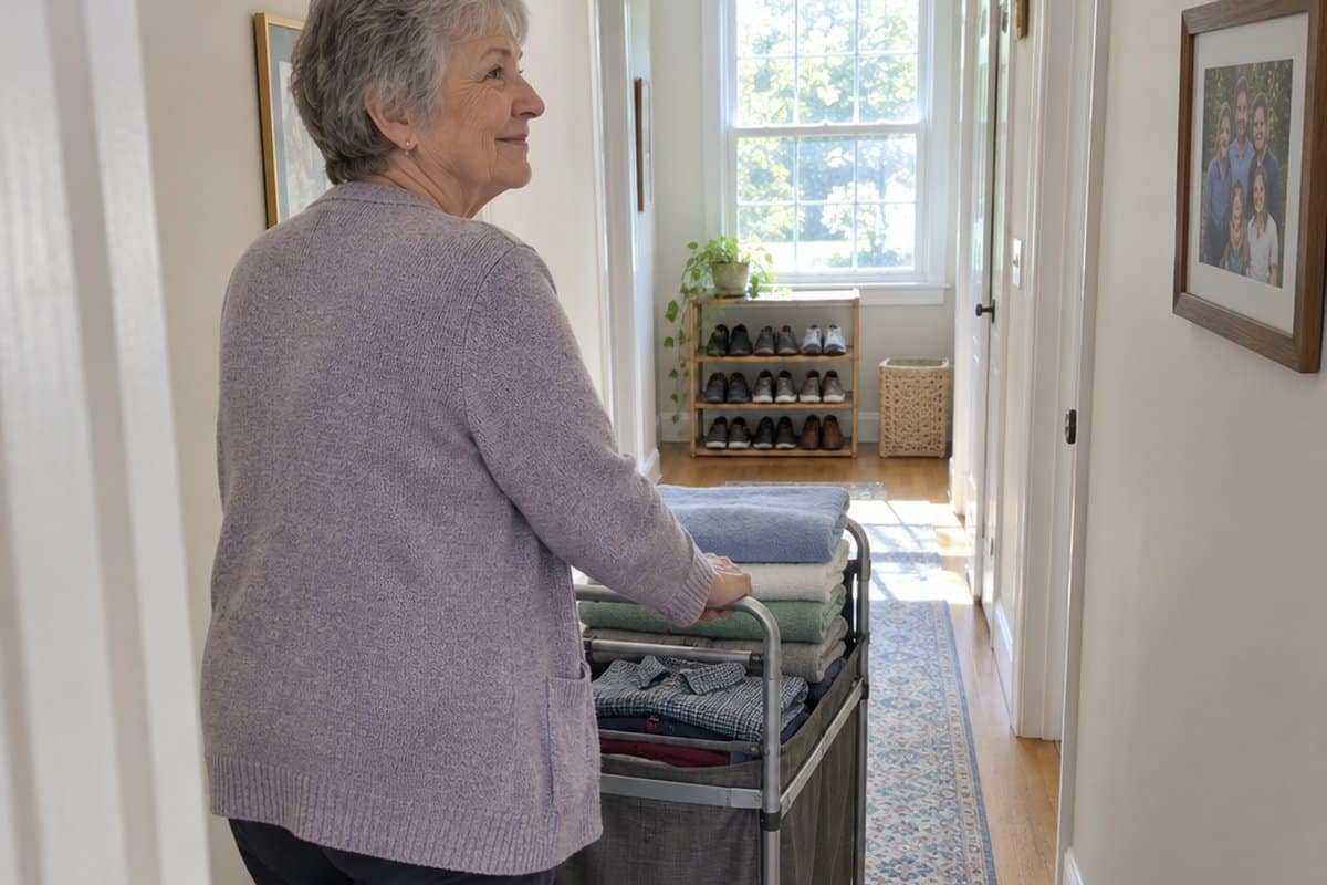 Older woman with grey hair smiling as she pushes a wheeled laundry cart of towels down a sunny hallway