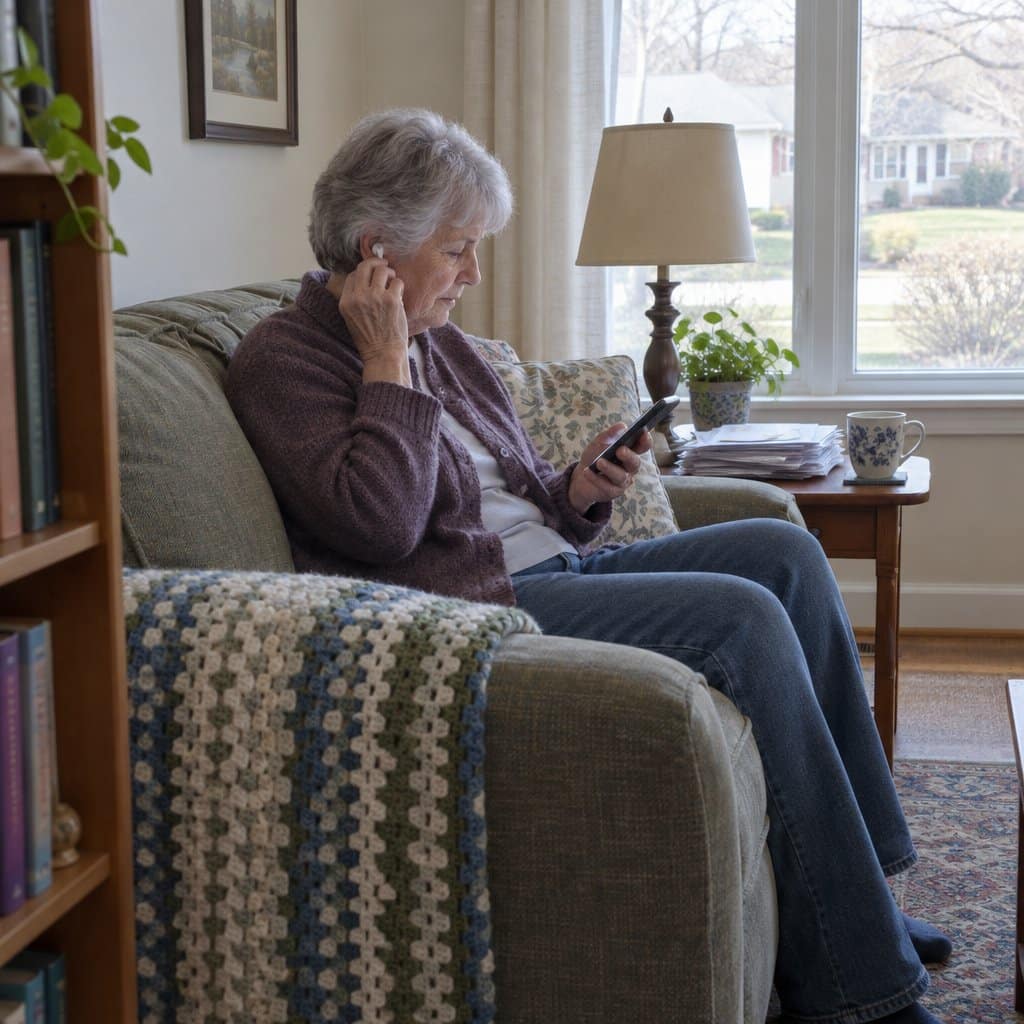 Older woman on a sofa putting a wireless earbud in her ear while looking at her phone