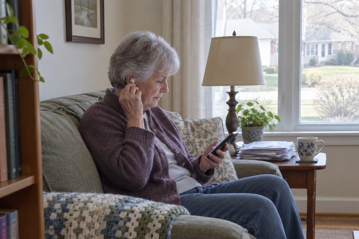 Older woman on a sofa putting a wireless earbud in her ear while looking at her phone