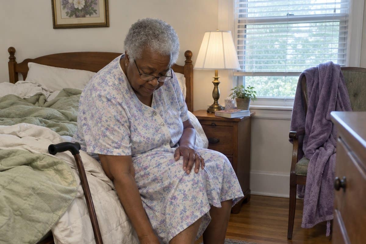 Older woman seated on the edge of a bed putting on a strapped slipper, a cane hooked on the bed frame