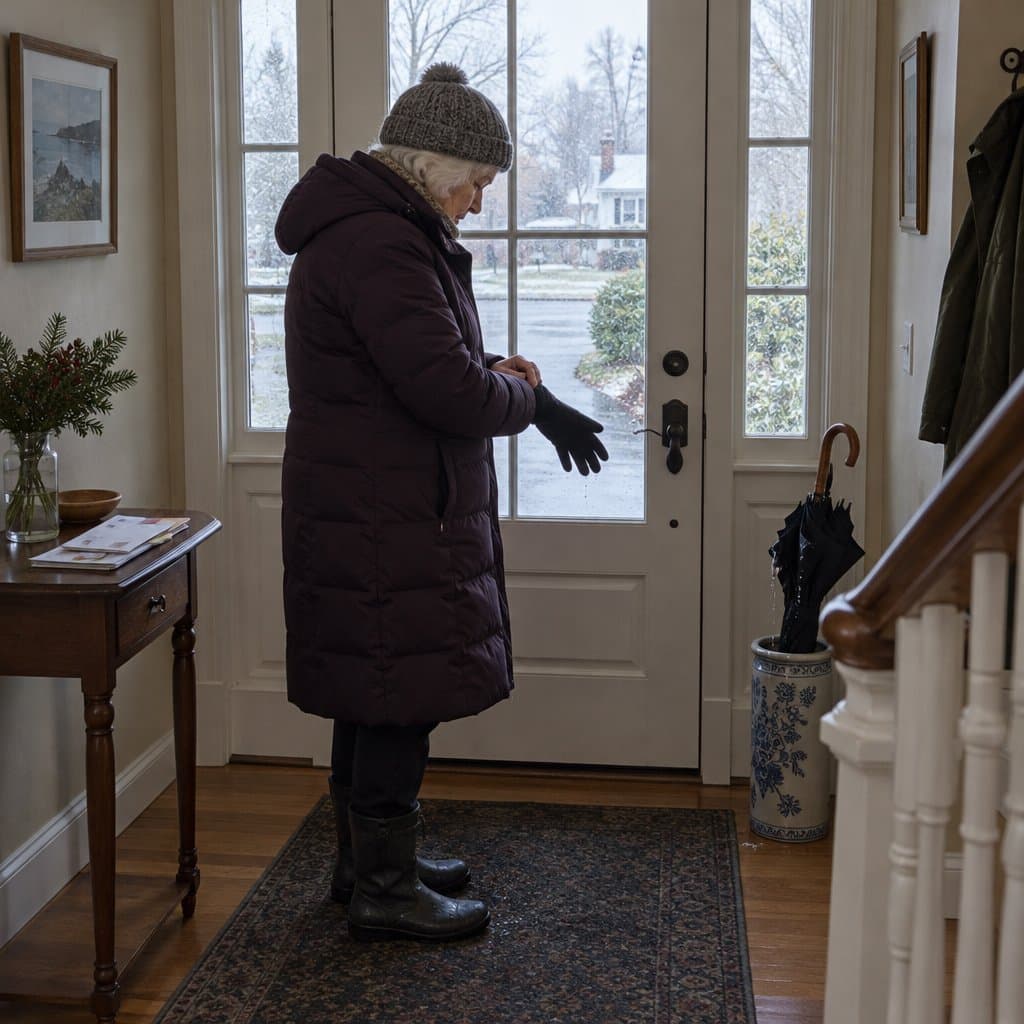 Older woman in winter coat pulling on a glove in a damp entryway