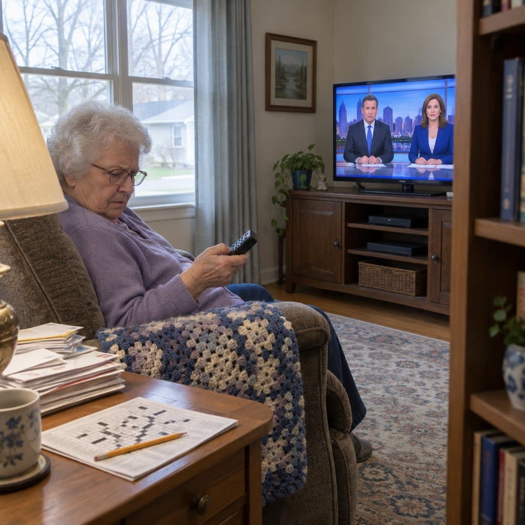 Older woman in a recliner frowning at a TV remote while a news program plays