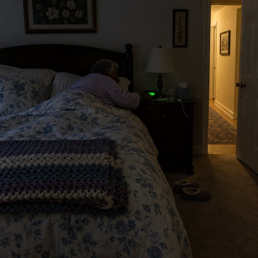 Woman in bed reaching toward a glowing bedside clock in a dim bedroom