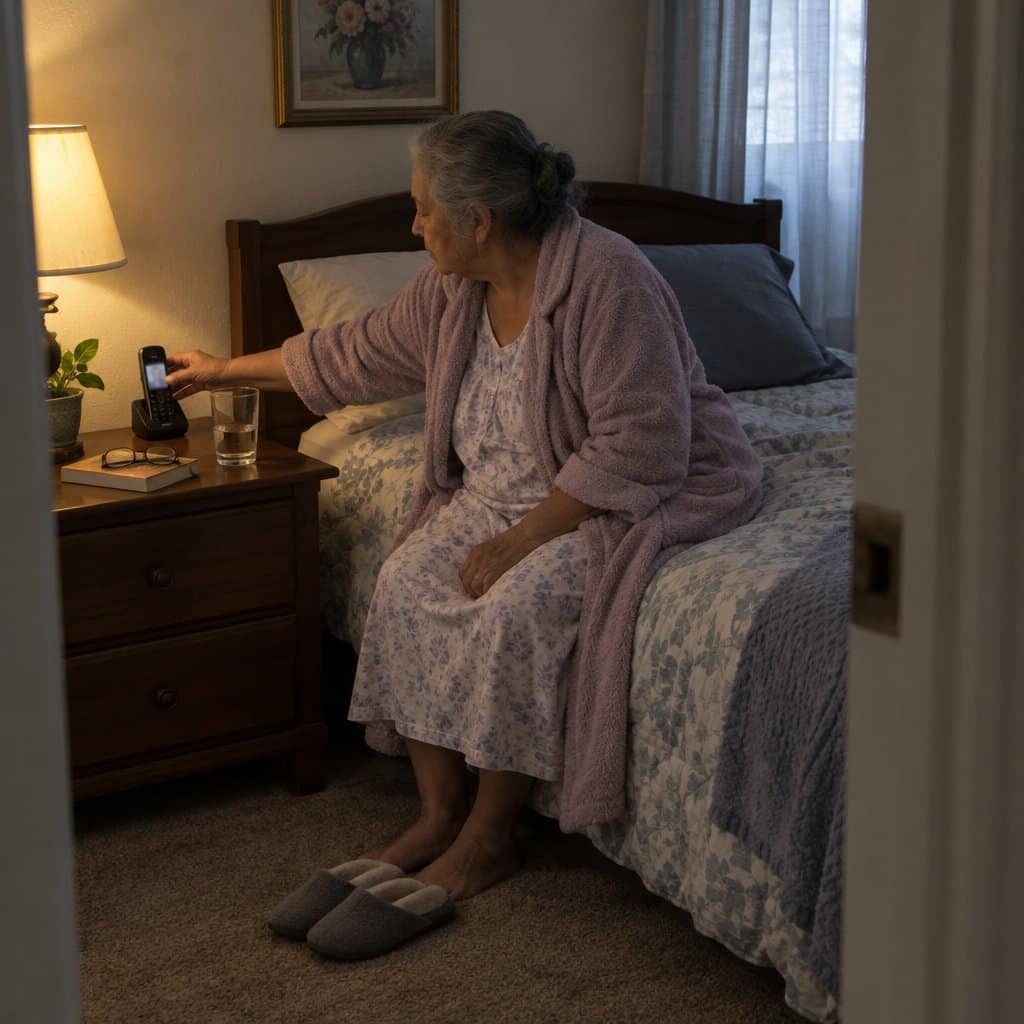 Older woman sitting on the edge of a bed reaching for a cordless phone on the nightstand