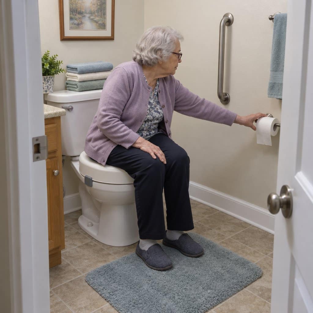 Older woman seated on a raised toilet seat reaching sideways for the toilet paper holder