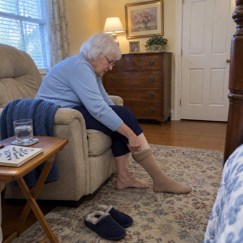 Older woman in an armchair leaning forward to take a compression stocking off her calf