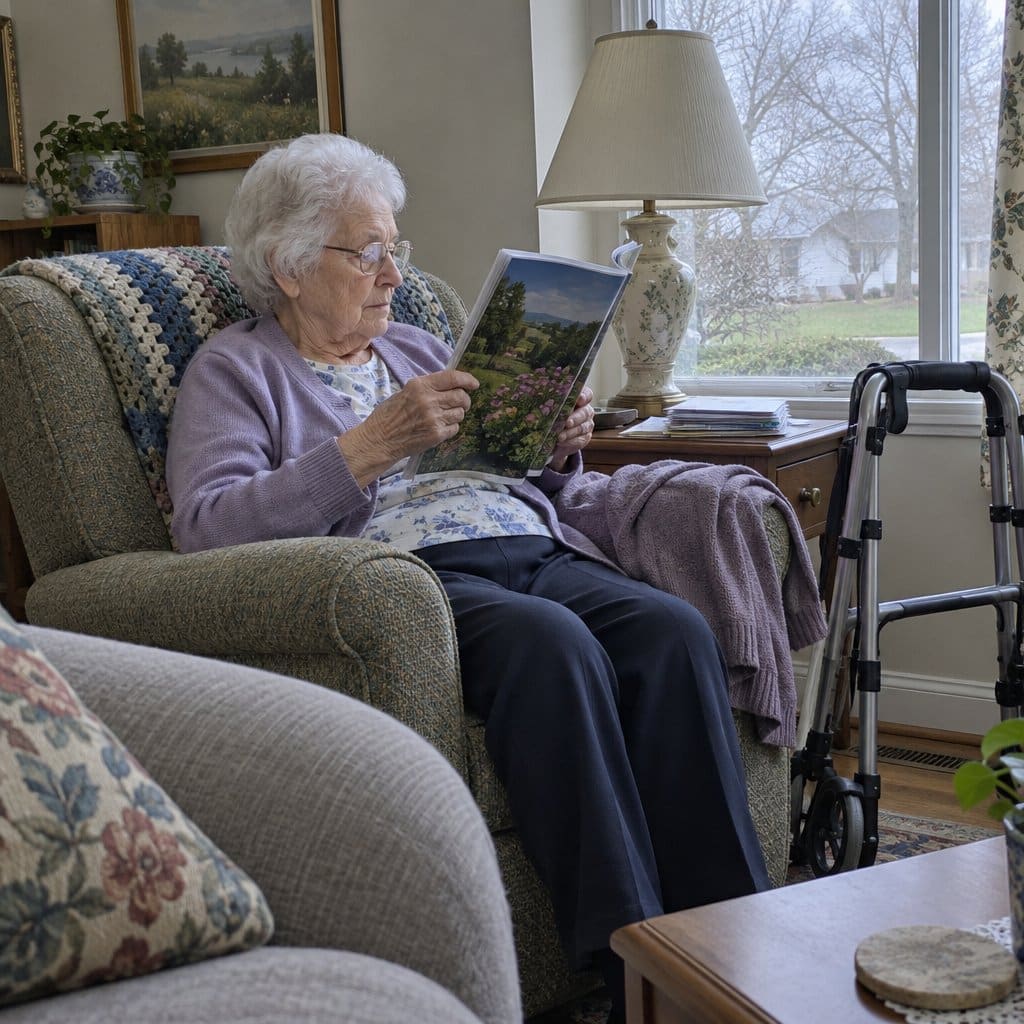 Older woman with glasses reading a magazine in an armchair near a window, a walker beside her