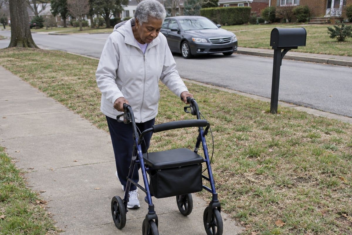Older woman walking with a large-wheeled rollator over a cracked sidewalk with gravel