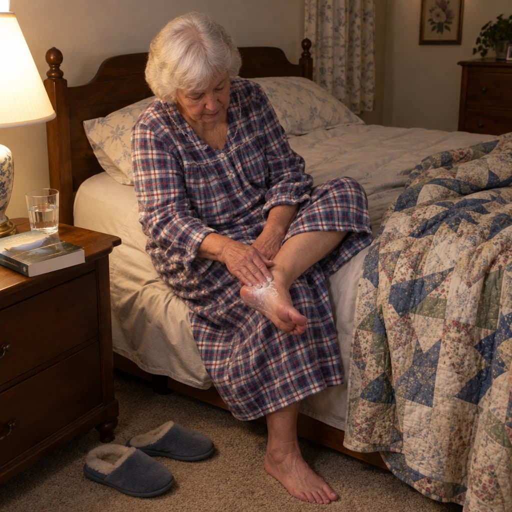 Older woman sitting on her bed rubbing cream into her heel