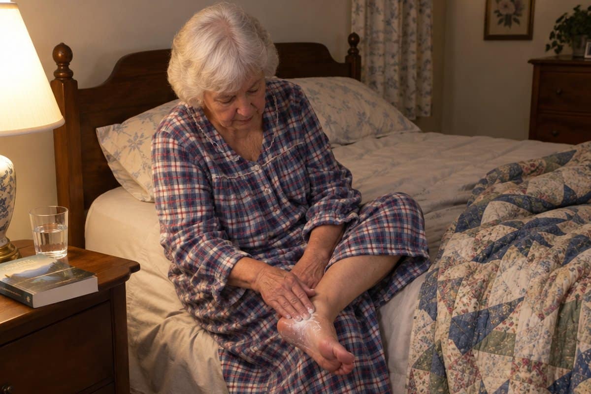 Older woman sitting on her bed rubbing cream into her heel