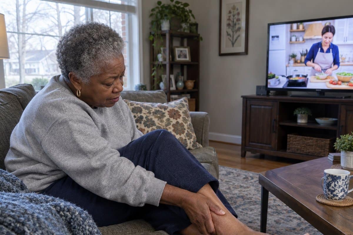 Older woman on a couch rubbing her sore foot with socks beside her