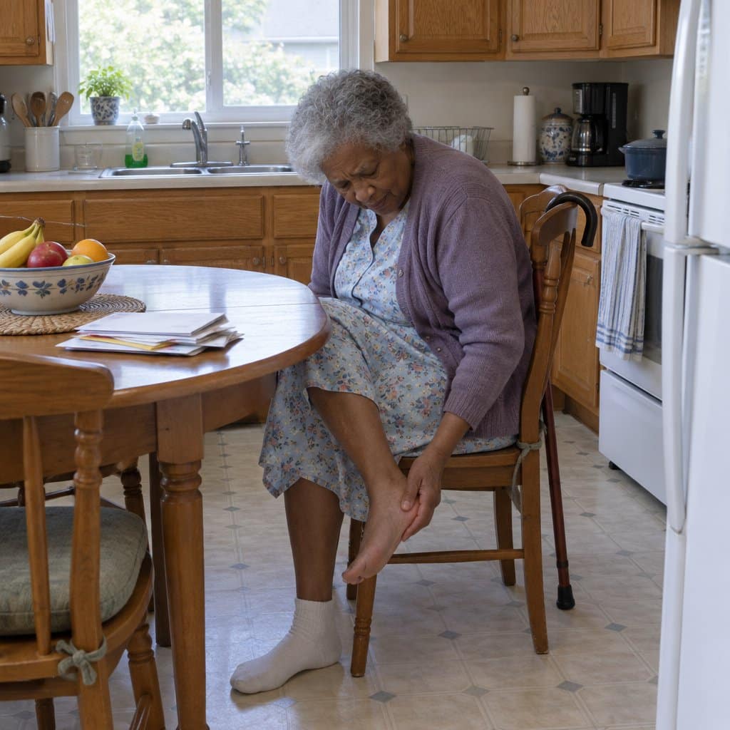 Older woman at a kitchen table rubbing her sore heel with a cane hooked on a chair