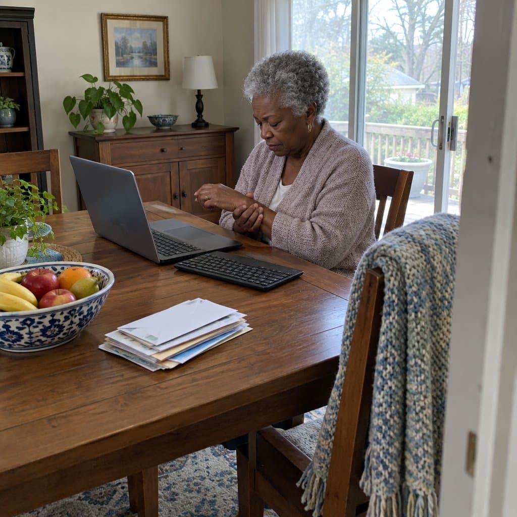 Older woman rubbing her wrist while typing at a dining table