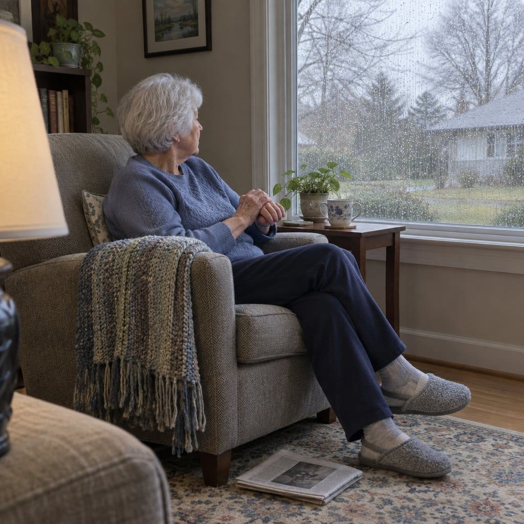 Older woman in an armchair rubbing her hand while looking out a rainy window