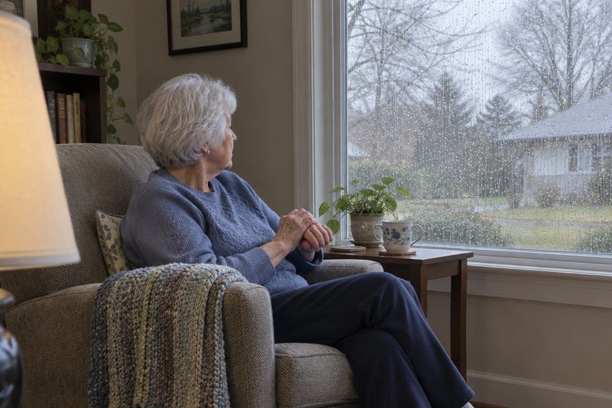 Older woman in an armchair rubbing her hand while looking out a rainy window