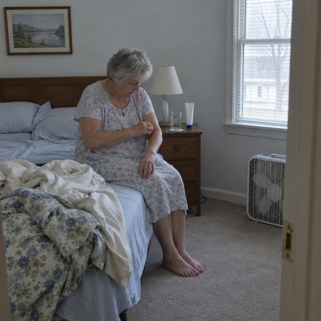 Older woman with grey hair sitting on the edge of a rumpled bed scratching her forearm in a morning bedroom