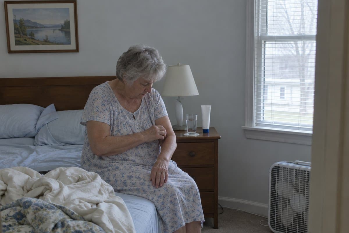 Older woman with grey hair sitting on the edge of a rumpled bed scratching her forearm in a morning bedroom