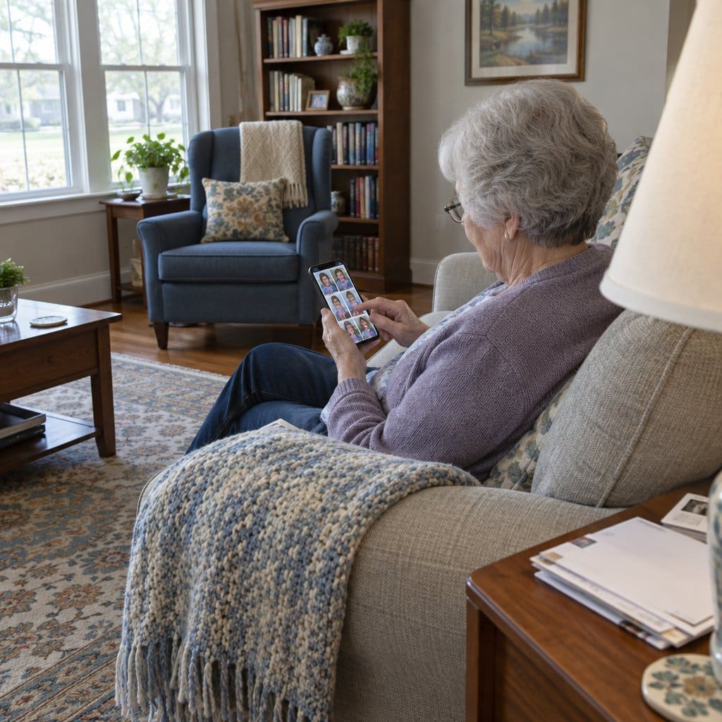 Older woman with grey hair on a couch looking at family photos on her smartphone