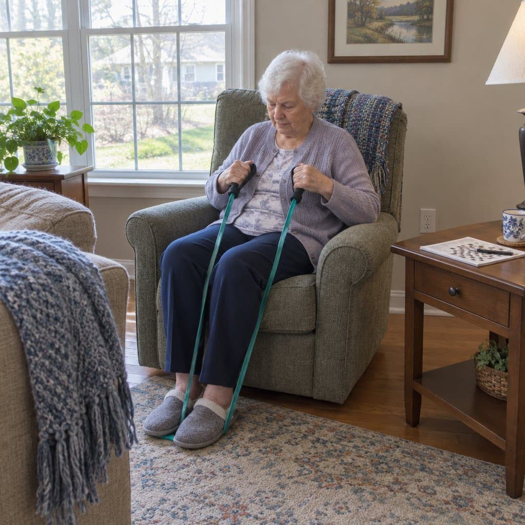 Older woman seated in an armchair pulling a resistance band toward her chest in a living room