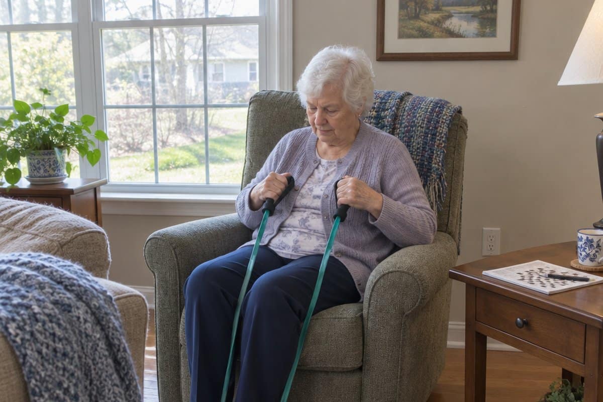 Older woman seated in an armchair pulling a resistance band toward her chest in a living room