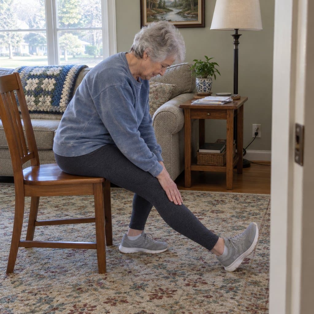 Older woman seated on a wooden chair stretching one leg straight out in a living room